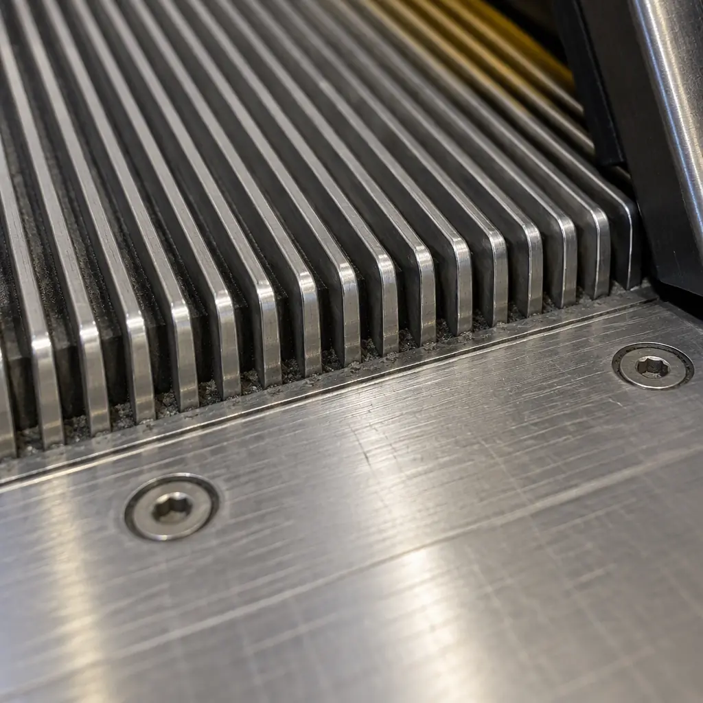 Photorealistic close-up of an escalator comb plate and landing floor plate junction in a transit station, stainless steel with machined grooves, shallow depth of field, no people and no text