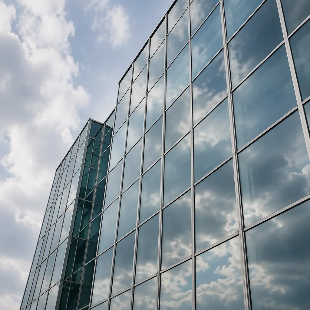 Photorealistic wide photograph of a modern glass curtain-wall office building facade reflecting a pale sky, geometric window grid, clean grid lines, no people and no text