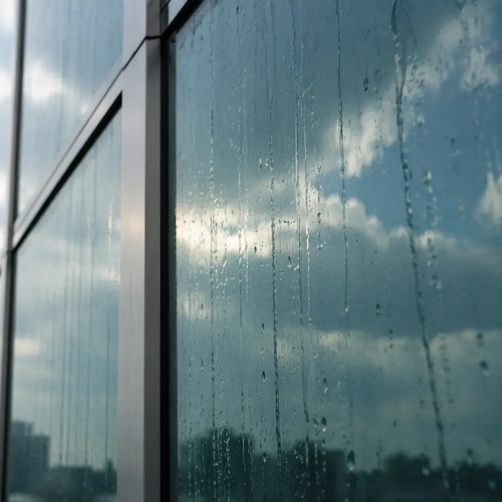 Photorealistic close-up photograph of a smooth blue-green glass curtain-wall panel with an aluminium mullion frame, faint reflection of clouds, water sheeting down the glass, no people and no text