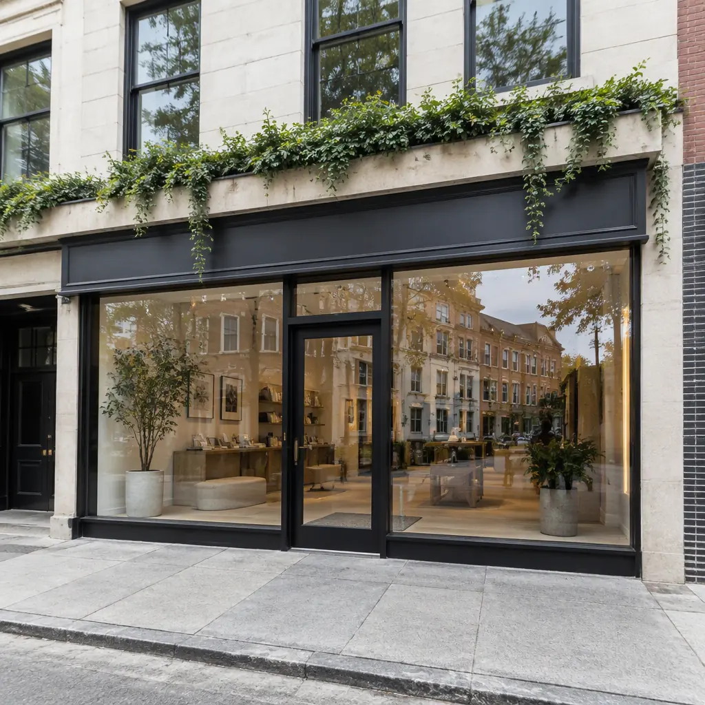 Photorealistic wide photograph of a low-rise commercial building exterior with a large ground-floor glazed frontage reflecting a street scene, clean framing, overcast light, no people and no text