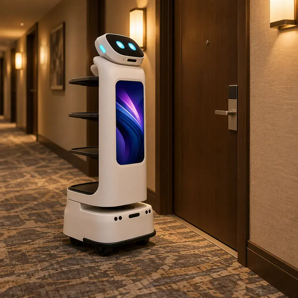AOMAN D1 delivery robot stopped outside a hotel guest room door in a carpeted corridor