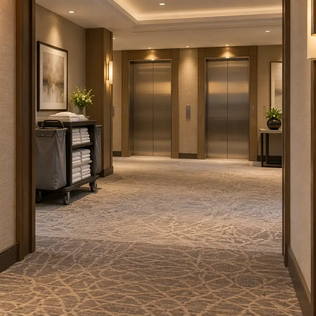 Hotel corridor junction with a lift lobby, housekeeping cart and clean carpet