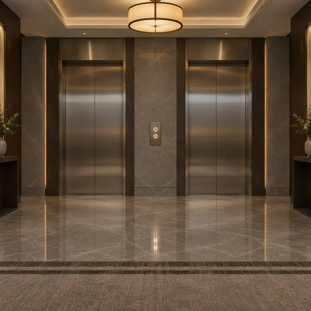 Empty hotel lift lobby with brushed steel doors and tiled floor