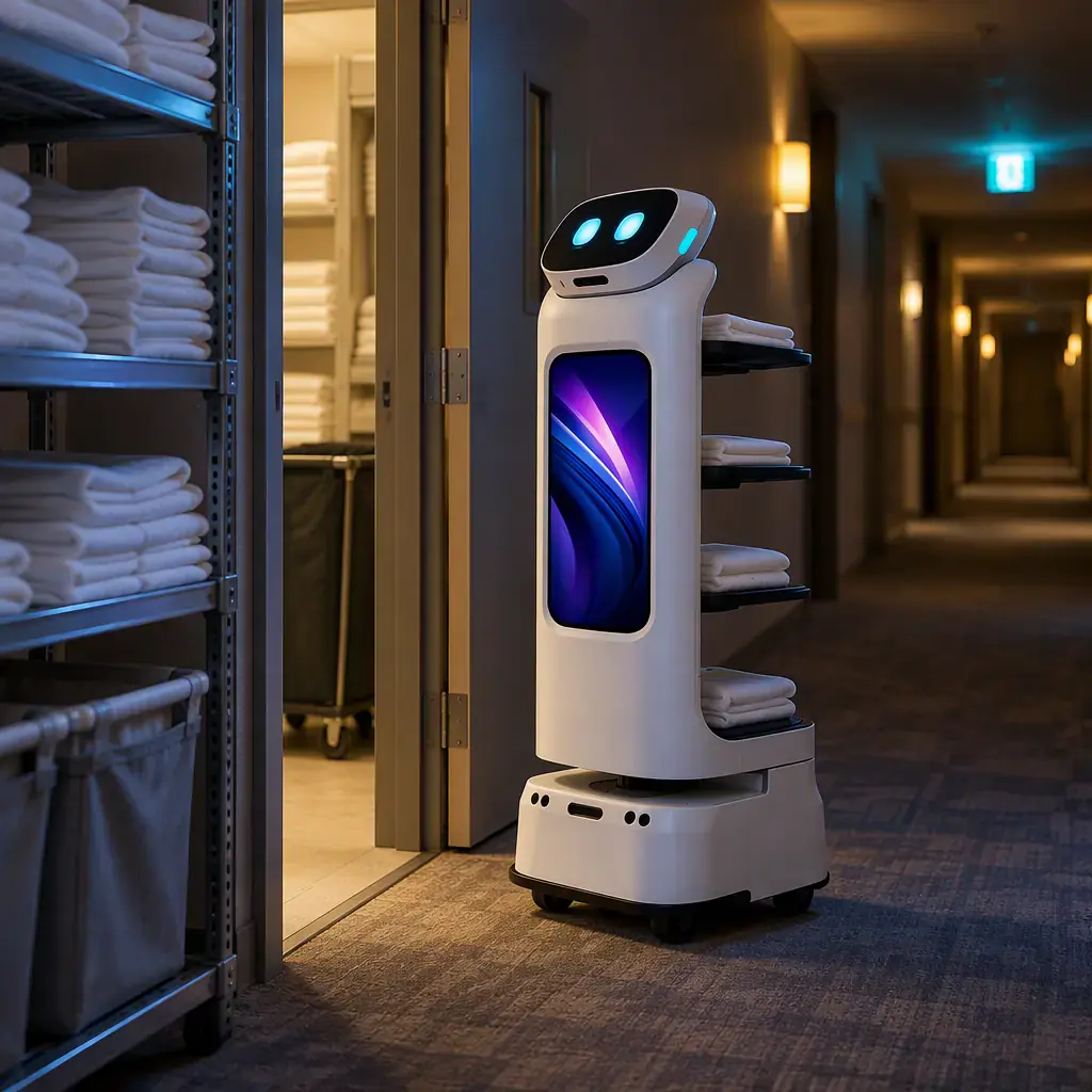Hotel service corridor with a housekeeping cart and linen shelves at night