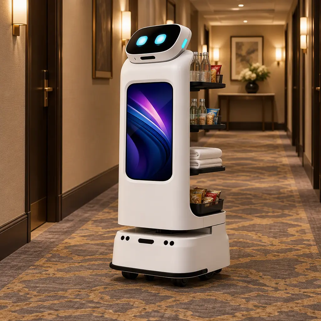 AOMAN D1 delivery robot loaded with minibar restock items in a hotel service corridor