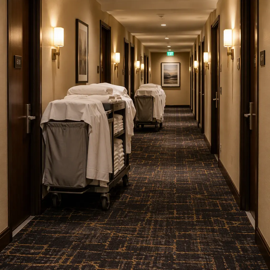 Hotel service corridor with two loaded housekeeping carts and closed guest room doors