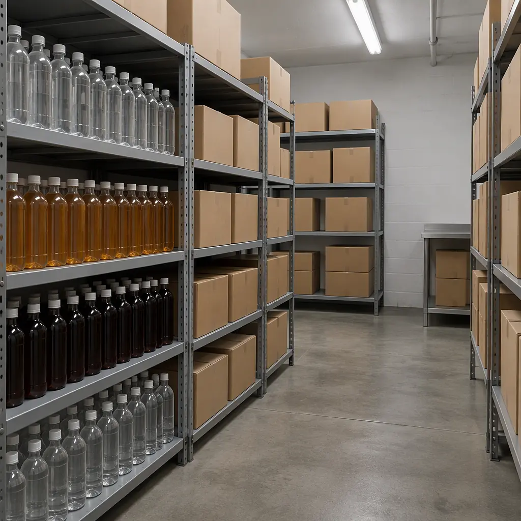 Back-of-house hotel store room shelving with beverage bottles and snack boxes