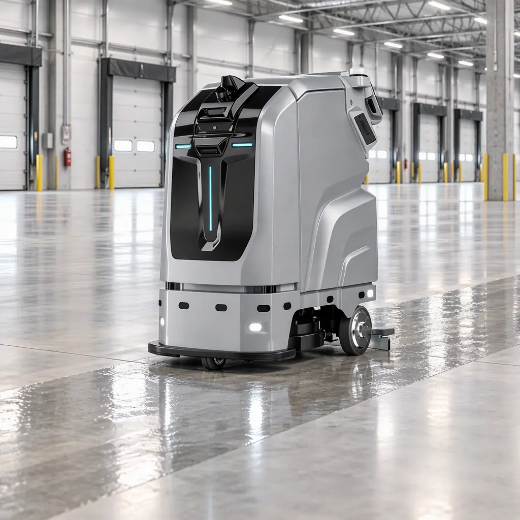 Autonomous large-format floor scrubber working a wide clean aisle in a bright empty logistics hall with dock doors along the wall, no people and no text