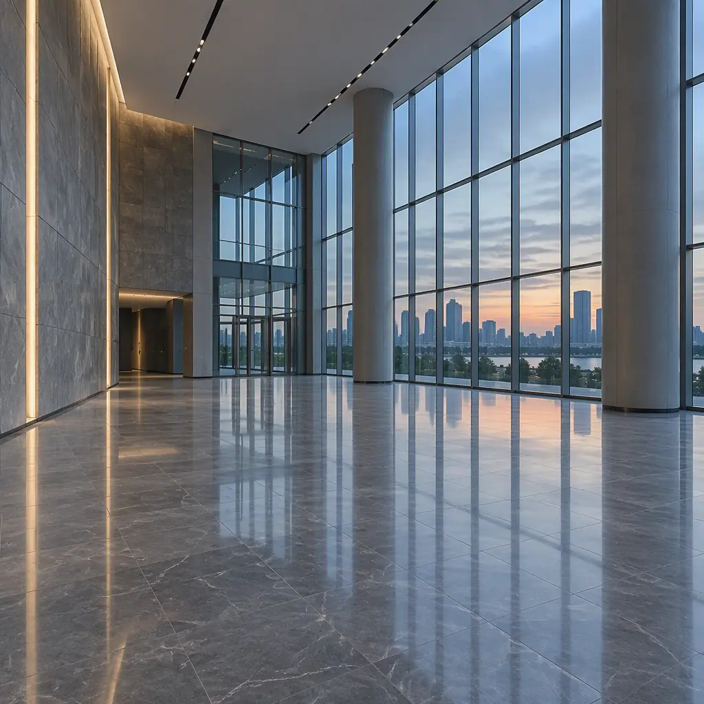 Empty modern corporate office lobby with polished stone floor and tall glass frontage at quiet hours, no people and no text