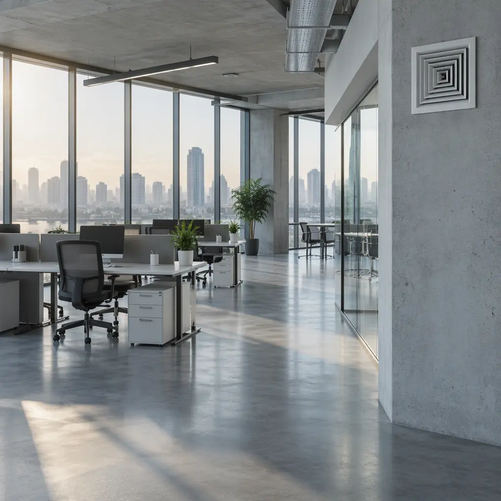 Photorealistic wide photograph of a modern office corridor in soft morning light with clean glass and pale concrete surfaces, an empty wall-mounted air vent, no people and no text