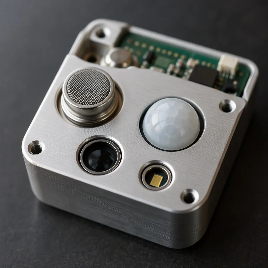 Photorealistic macro photograph of a compact environmental sensor cluster on a brushed aluminium housing, visible mesh vent and small circuit board behind, shallow depth of field, neutral studio lighting, no people and no text