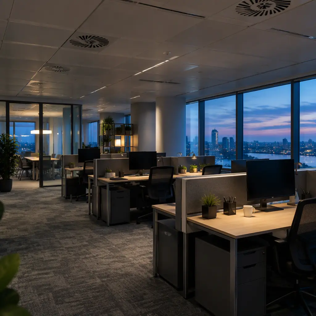 Photorealistic wide photograph of an open-plan office floor at dusk with desks and partitions, ceiling ventilation diffusers visible in soft overhead light, empty of people, no text