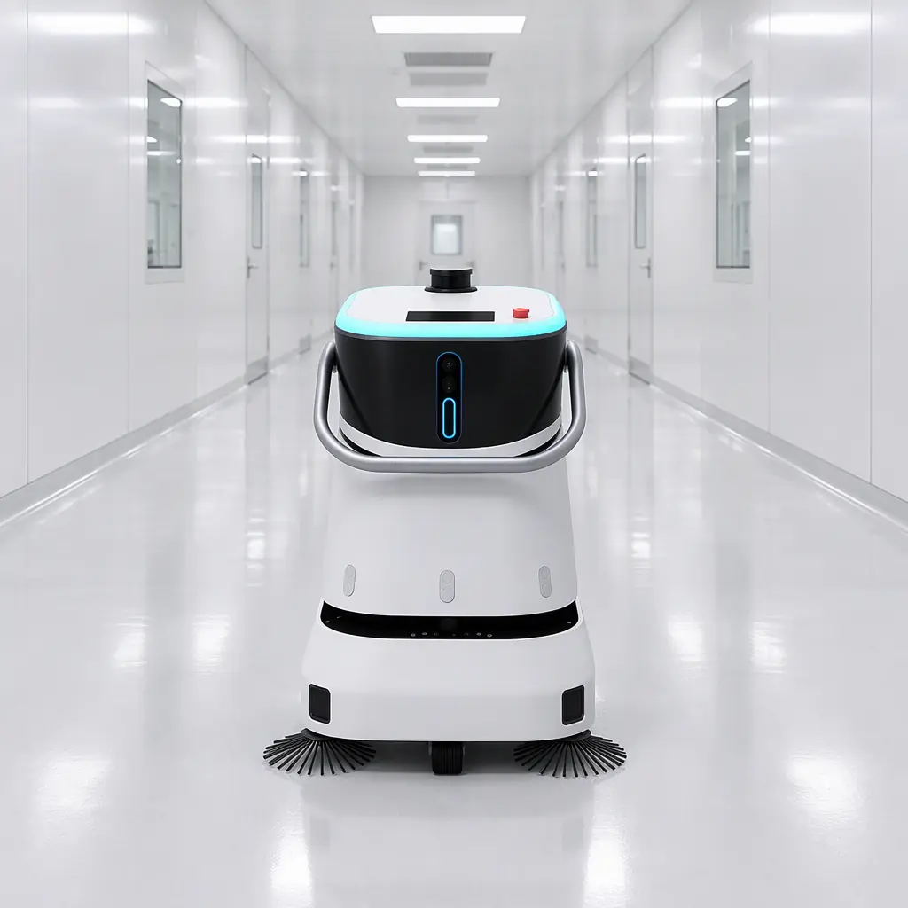 Photorealistic white mobile robot standing in a bright empty cleanroom corridor with smooth white wall panels, no people and no text