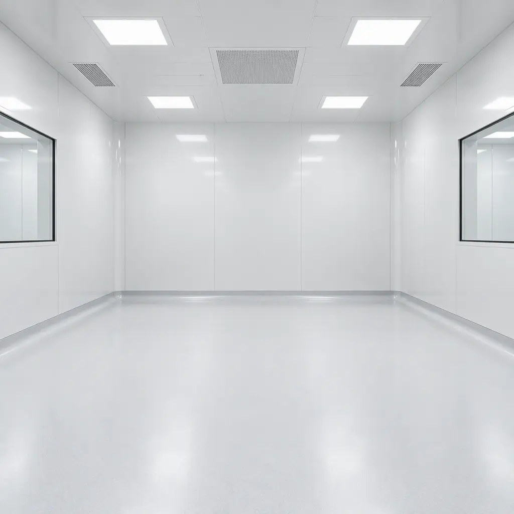 Photorealistic empty pharmaceutical cleanroom with smooth white walls, sealed floor and plain unmarked surfaces, no people, no text