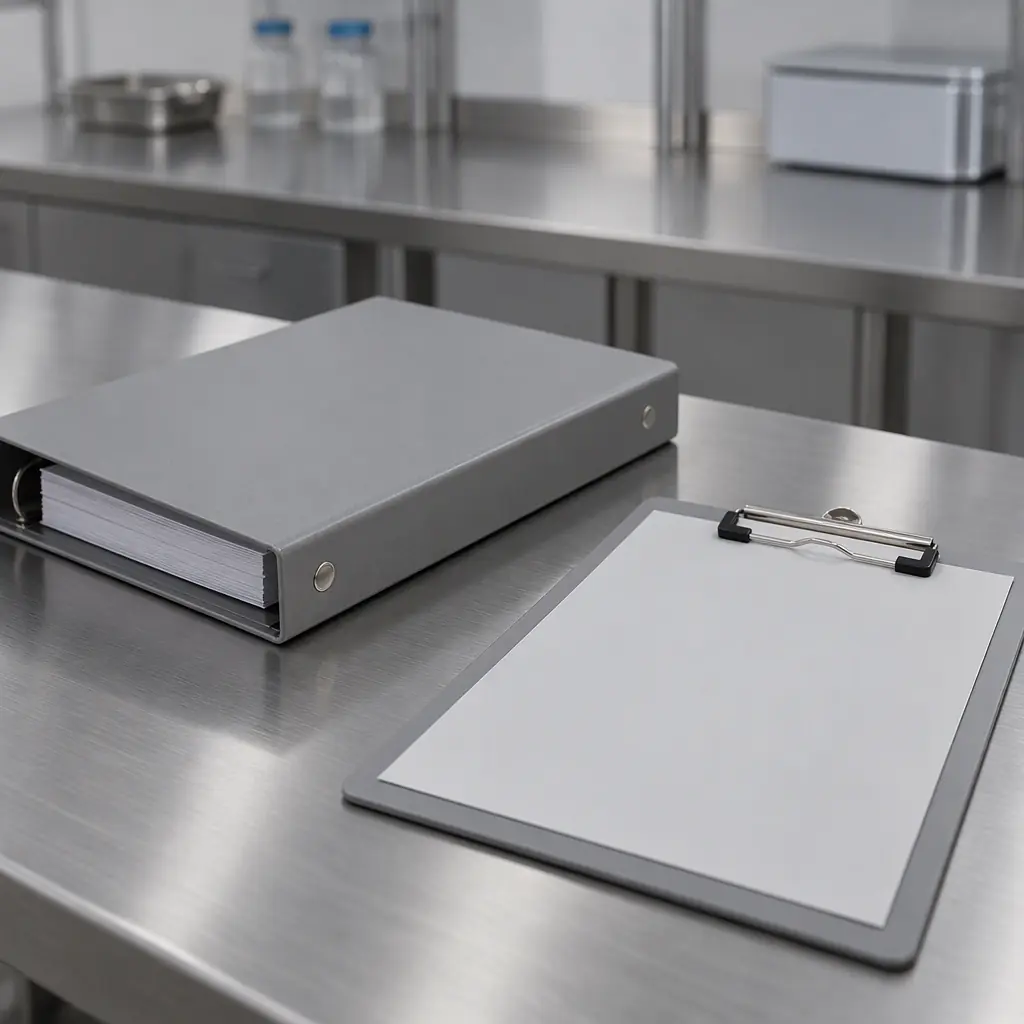 Photorealistic blank grey ring binder and a plain clipboard on a stainless steel bench, no readable text, no logos
