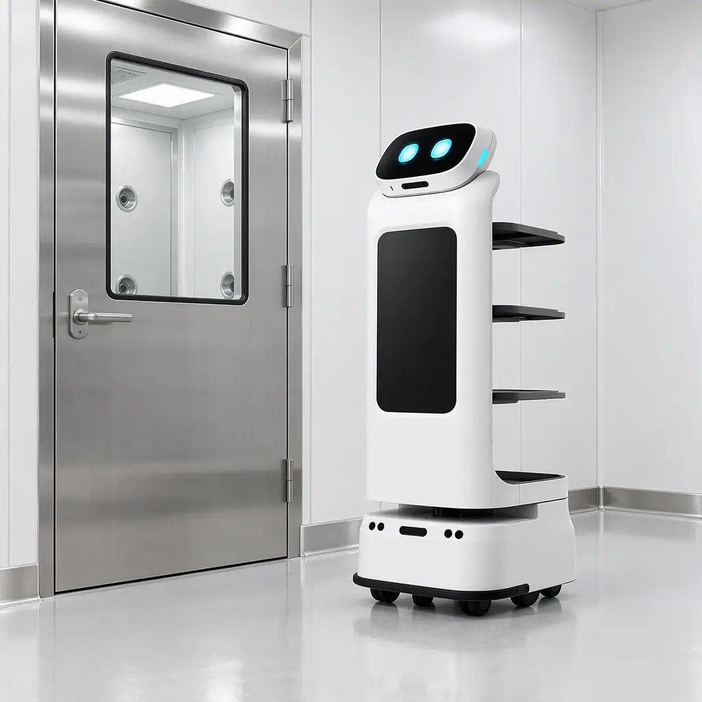 Photorealistic white mobile robot beside a closed stainless steel airlock door in a cleanroom gowning area, no people and no text