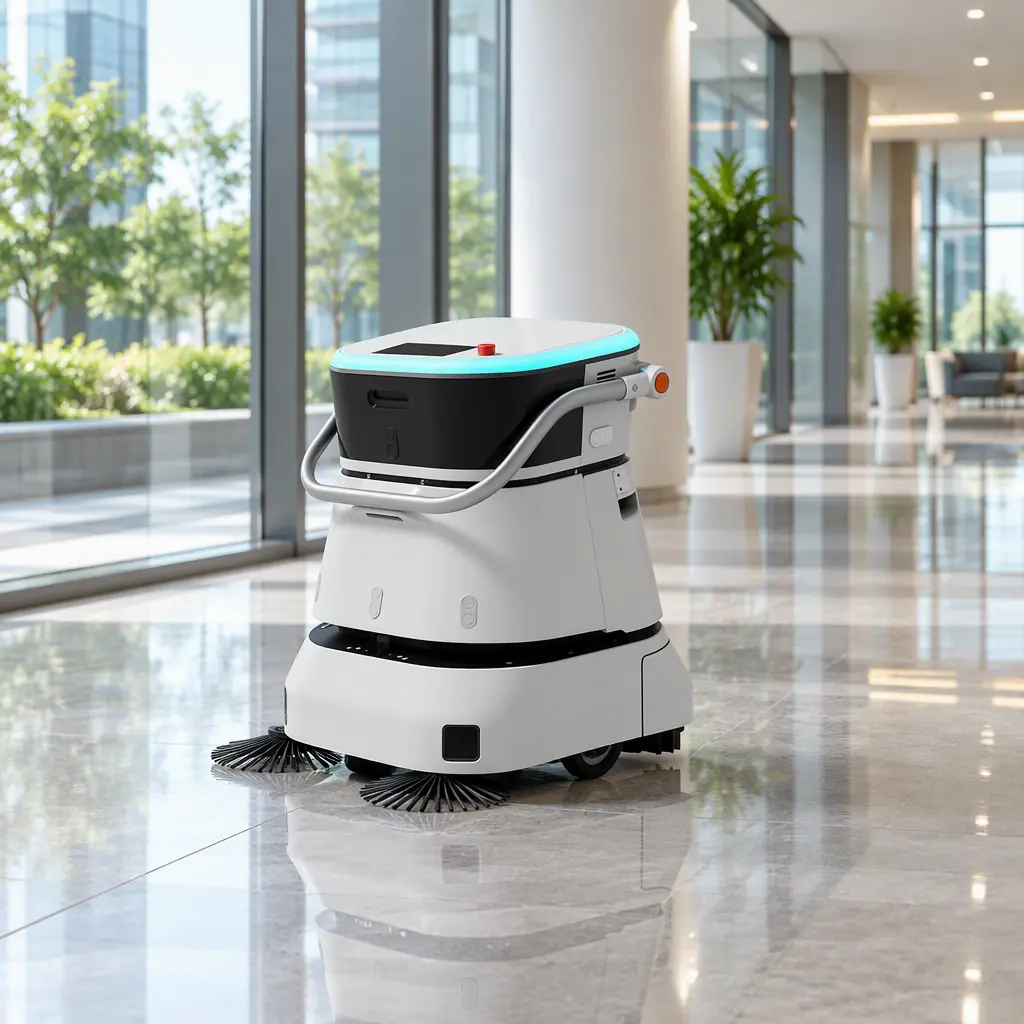 Autonomous compact floor cleaning machine working a polished reflective corridor floor inside a large modern building with glass walls, no people and no text