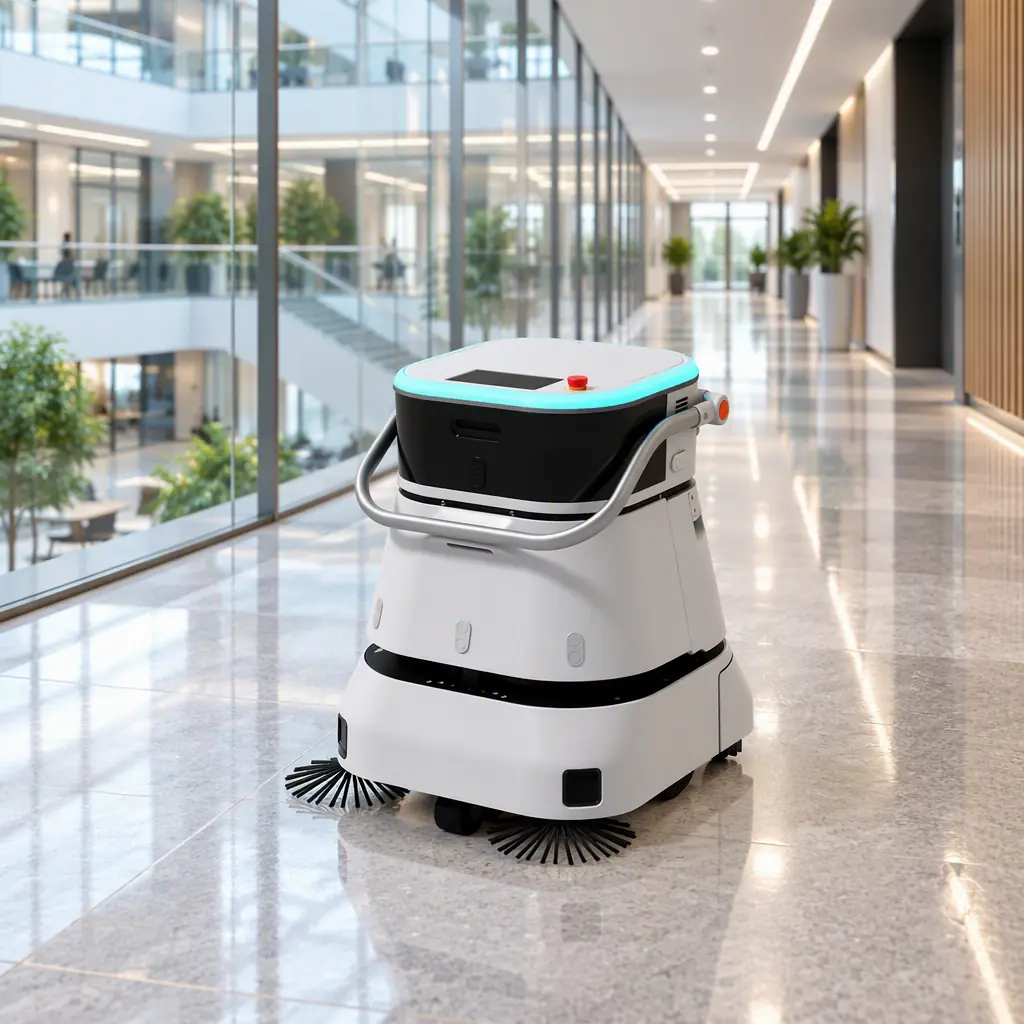 Autonomous compact floor cleaning machine working a polished corridor floor in a large modern building interior with glass walls, no people and no text