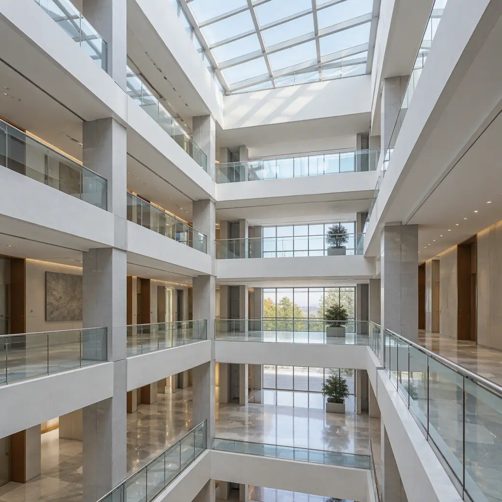 Empty modern building atrium looking up through several floor levels with glass railings and polished floors, no people and no text