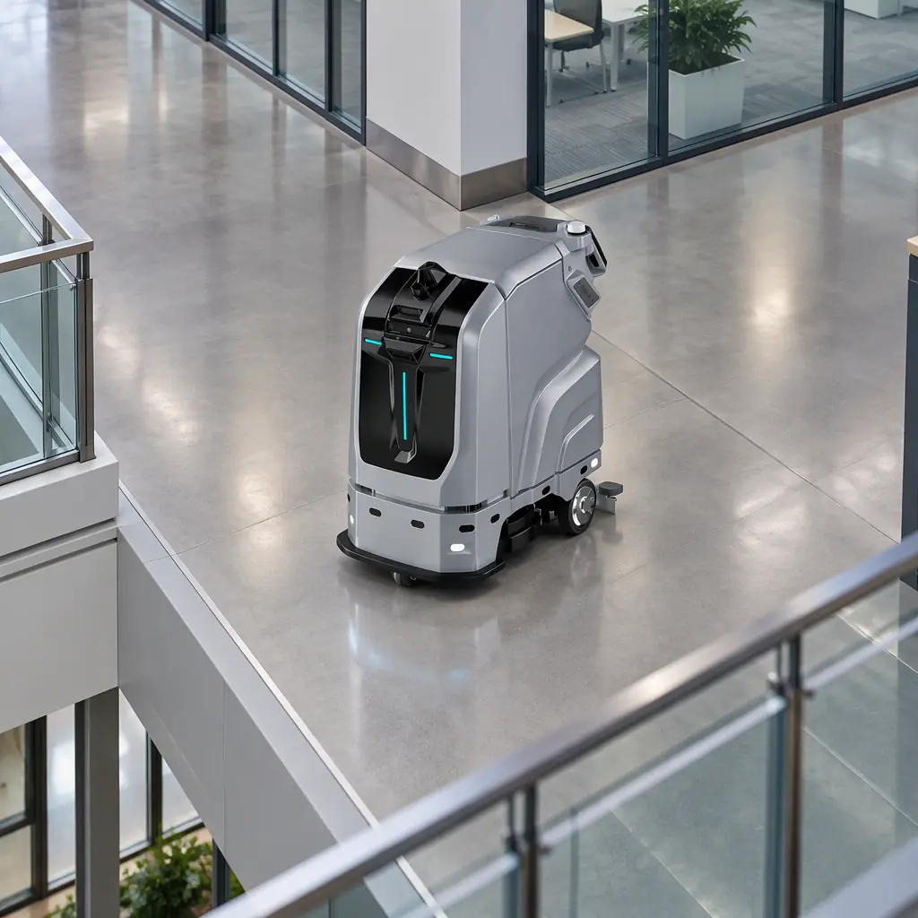 Photorealistic view of multi-level logistics corridors where several service robots operate, no people faces, no text