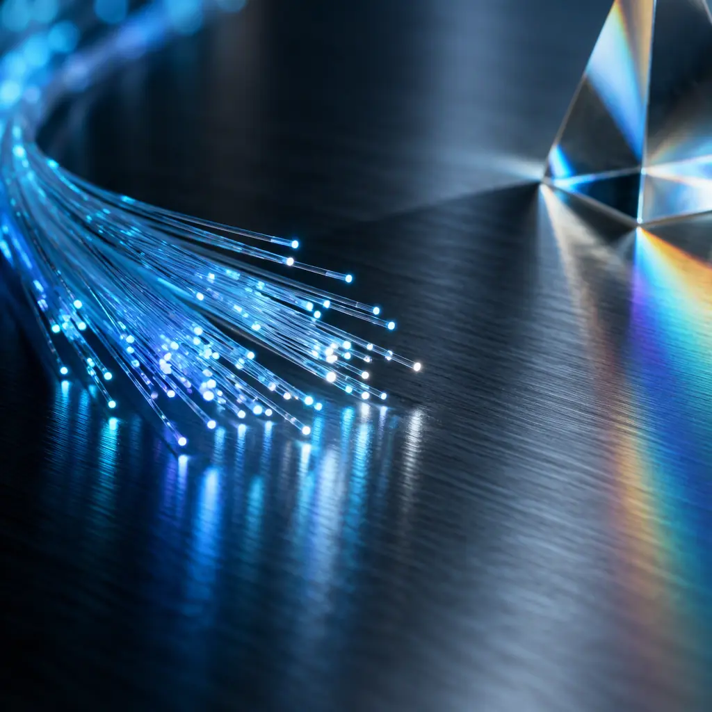 Abstract fiber-optic and prism light strands on dark brushed metal, technology still-life