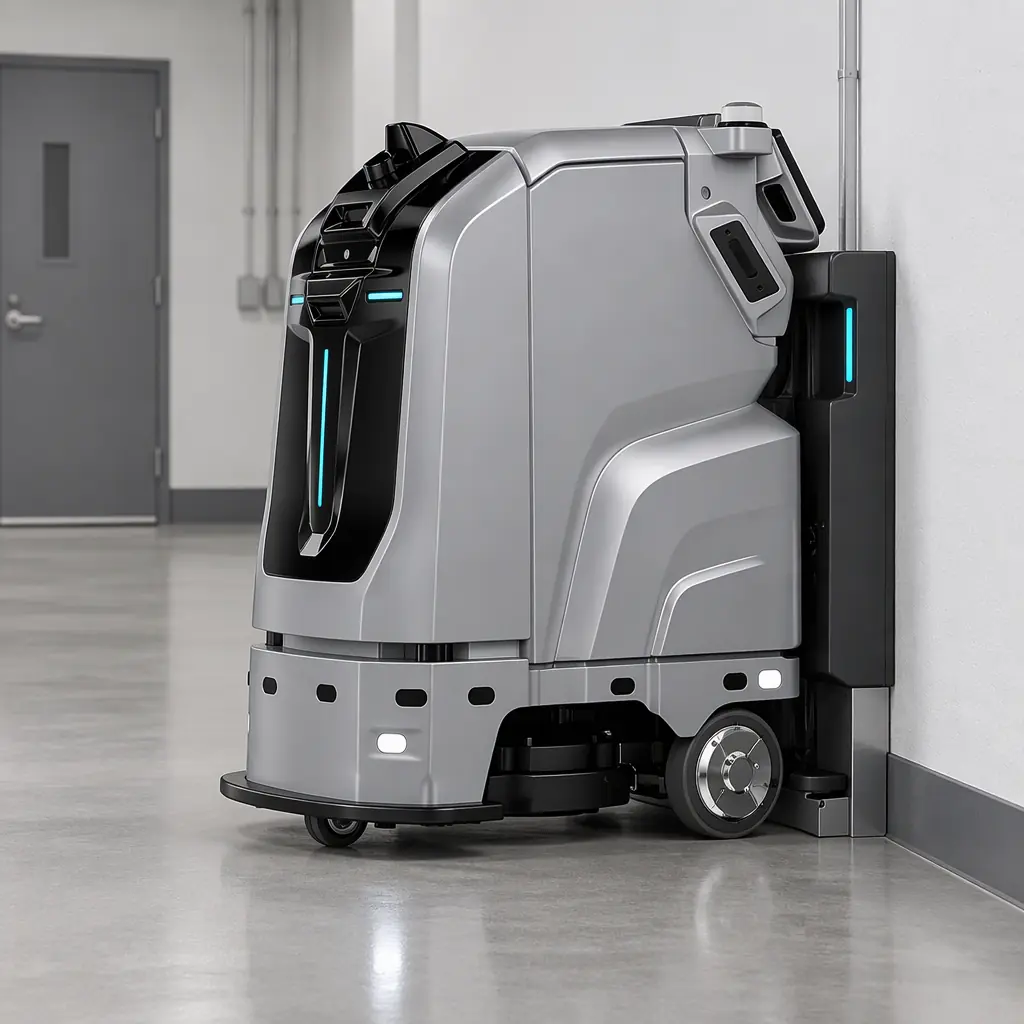 Service robot docked at a wall-mounted charging station in a service corridor