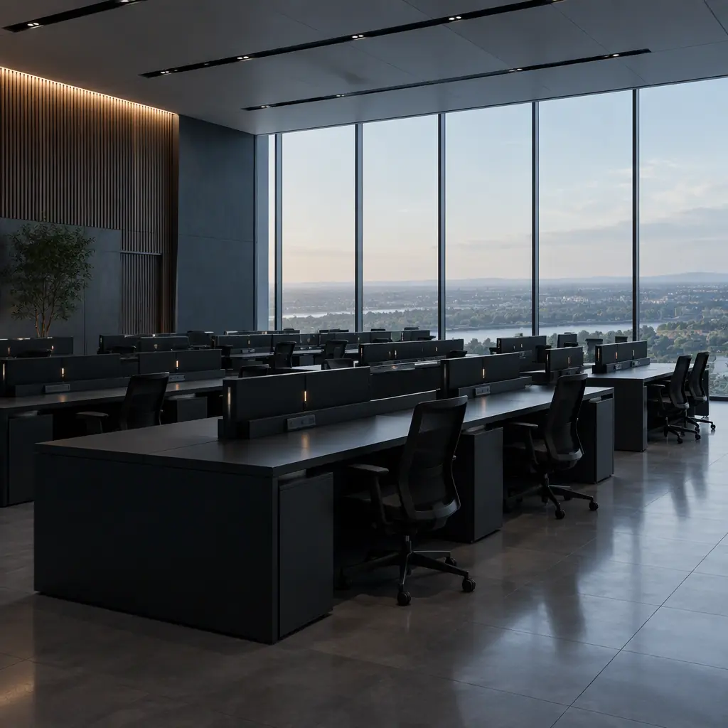 Empty modern operations control room with plain desks and soft daylight