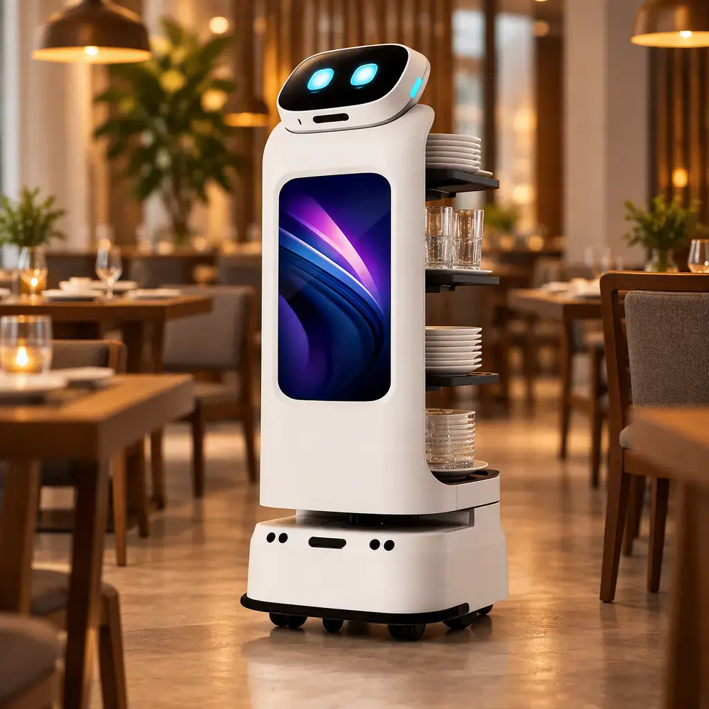AOMAN D1 delivery robot carrying stacked trays between restaurant tables