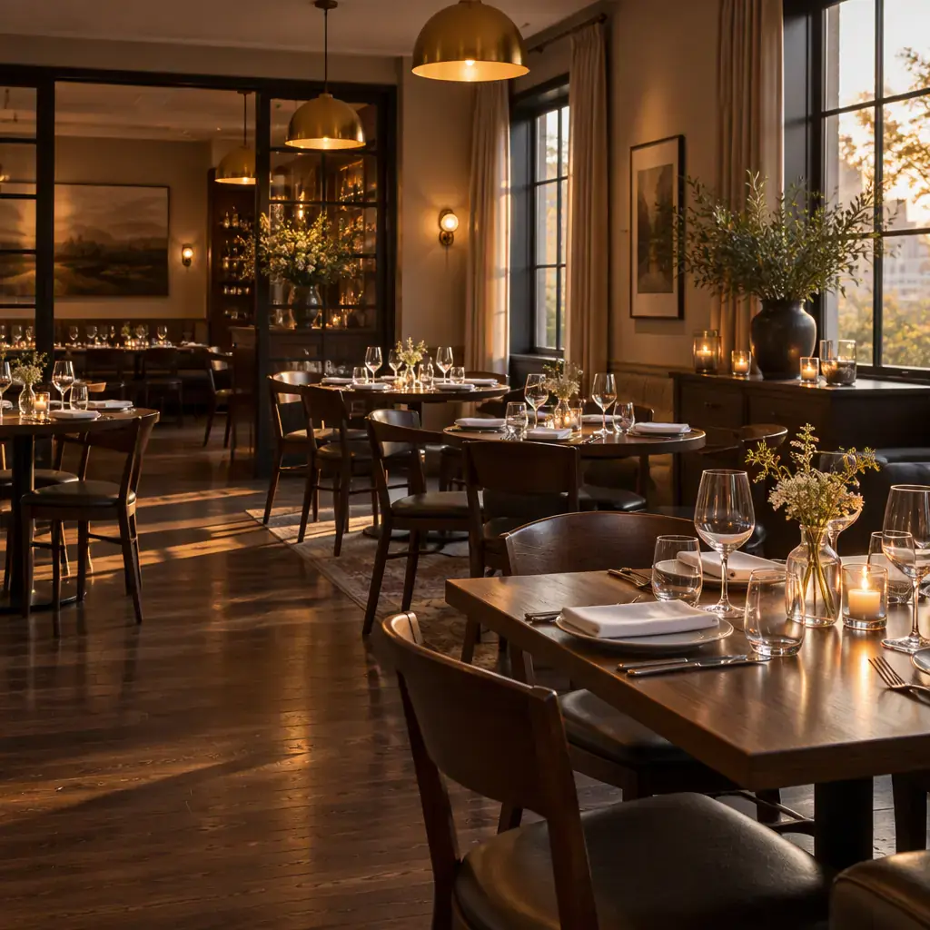 Empty restaurant dining room with set tables and pendant lights before service