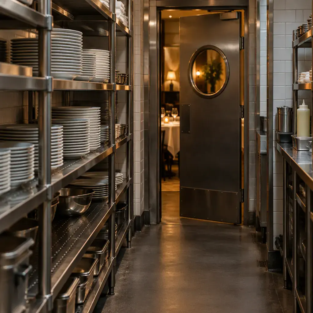 Restaurant service corridor with stainless steel shelving and a doorway to the dining room