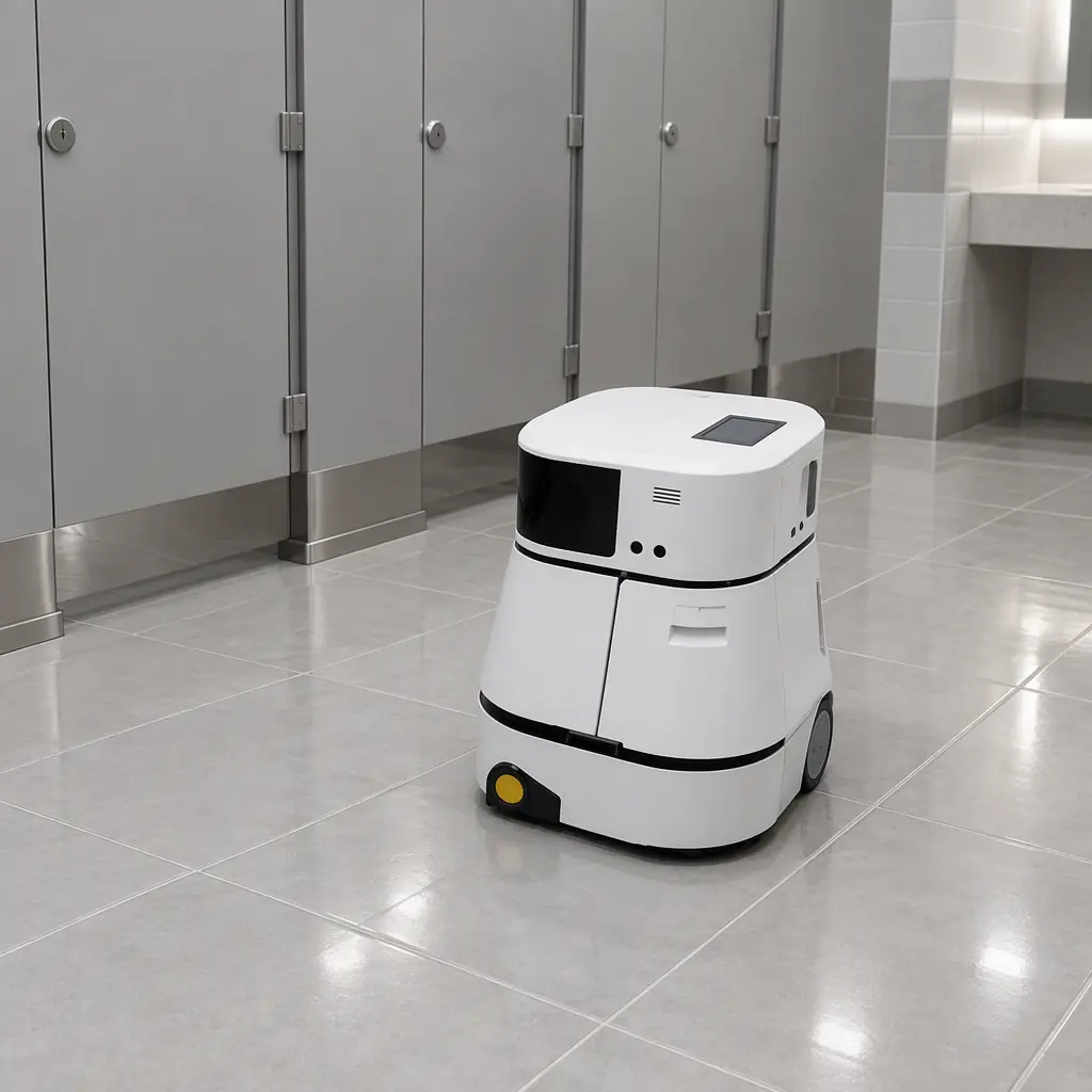 Photorealistic photograph of an AOMAN C2 Pro compact autonomous scrubber robot parked on a clean tiled commercial restroom floor in front of closed stall doors, neutral grey and white tile, overhead lighting, no people and no text