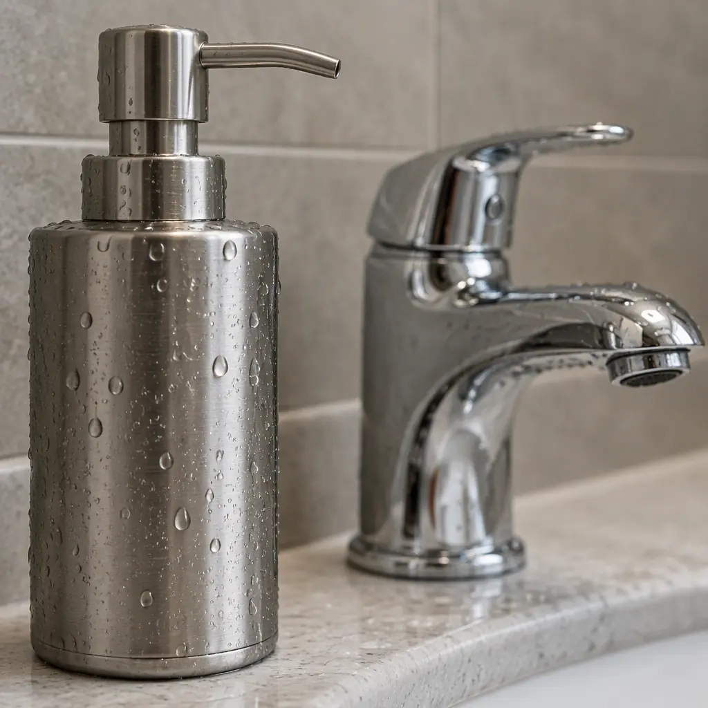 Photorealistic close-up macro photograph of a stainless steel soap dispenser and a chrome tap against a neutral wall, water droplets on the metal, shallow depth of field, no people and no text