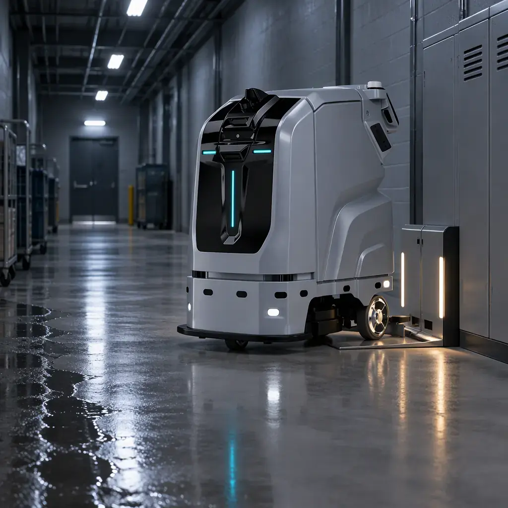 AOMAN C1 floor scrubber docked at a battery exchange bay in an industrial service corridor