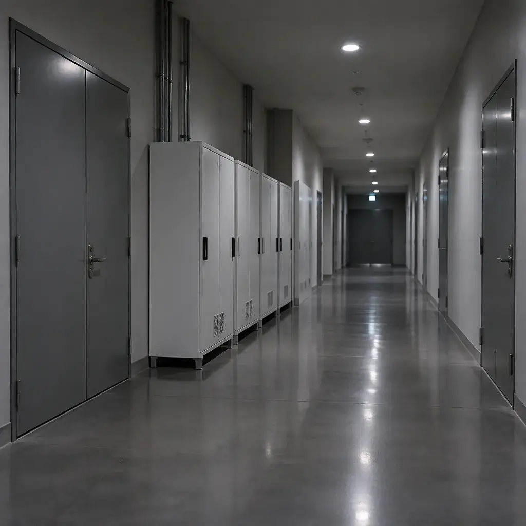 Empty utility corridor beside a robot charging bay with storage cabinets