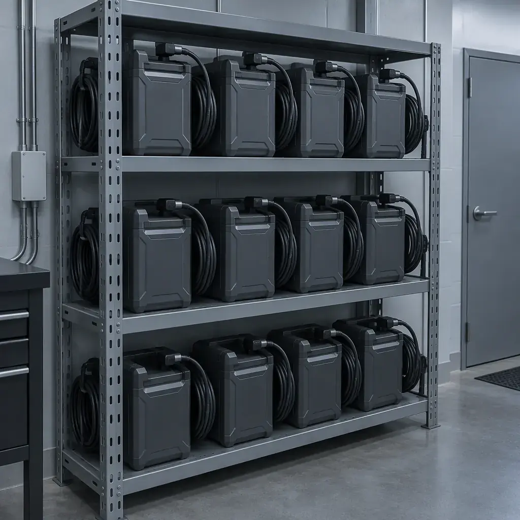 Industrial battery packs on a steel rack with coiled charging cables in a robot plant room