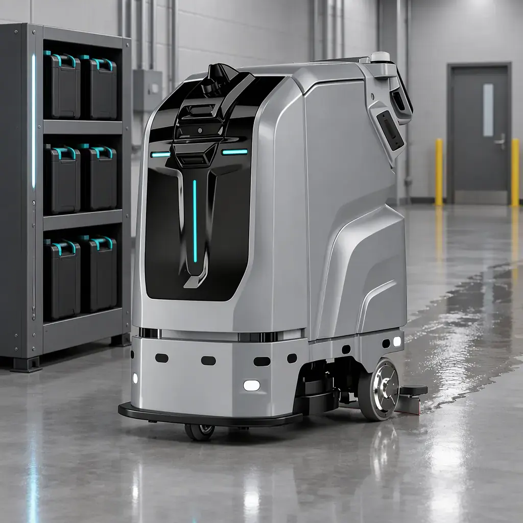 AOMAN C1 scrubber passing a battery rack during a pack swap at a distribution centre
