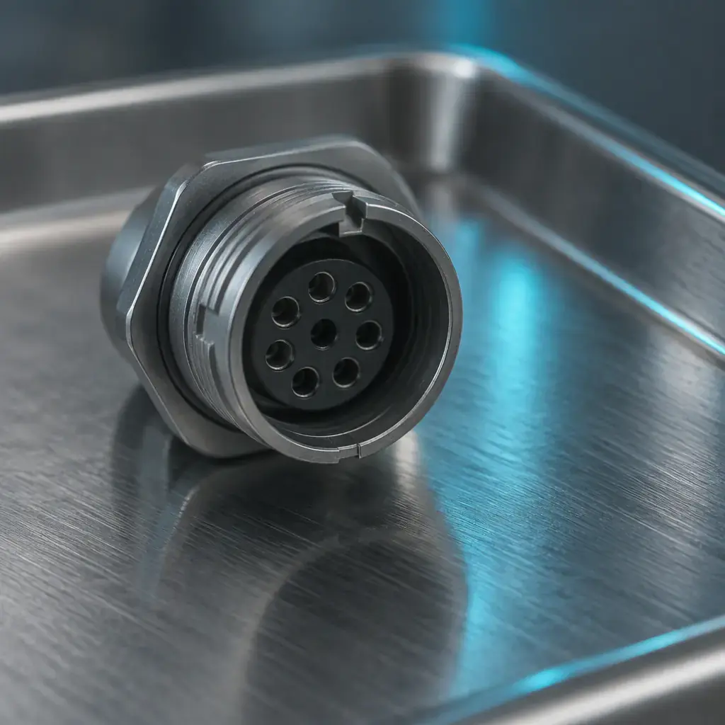 Macro view of a keyed circular battery connector with alignment notch on a steel workbench