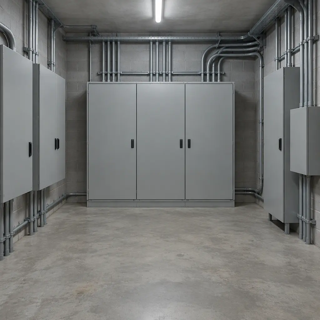Photorealistic empty electrical plant room with plain grey metal cabinets and sealed conduit, all panels blank