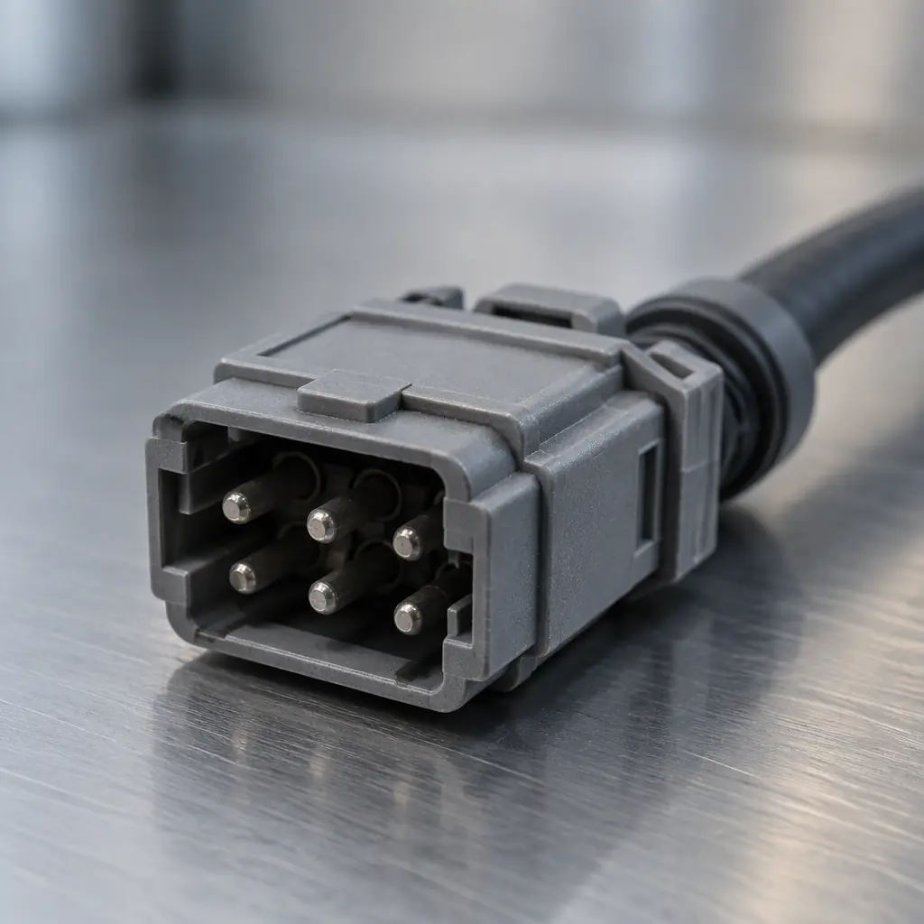 Photorealistic macro of an unmarked grey industrial connector block with plain pins on a brushed steel surface