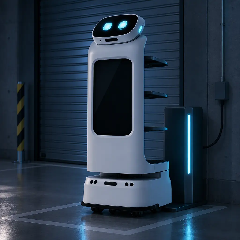 AOMAN D1 delivery robot at a dim night-time charging bay, blank front screen, cool blue-grey light