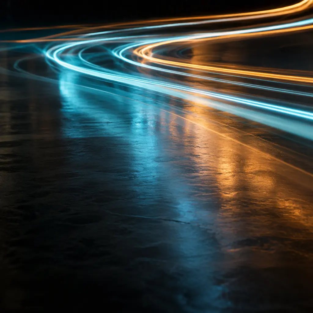 Photorealistic abstract long-exposure of soft cyan and amber light trails across a dark polished floor