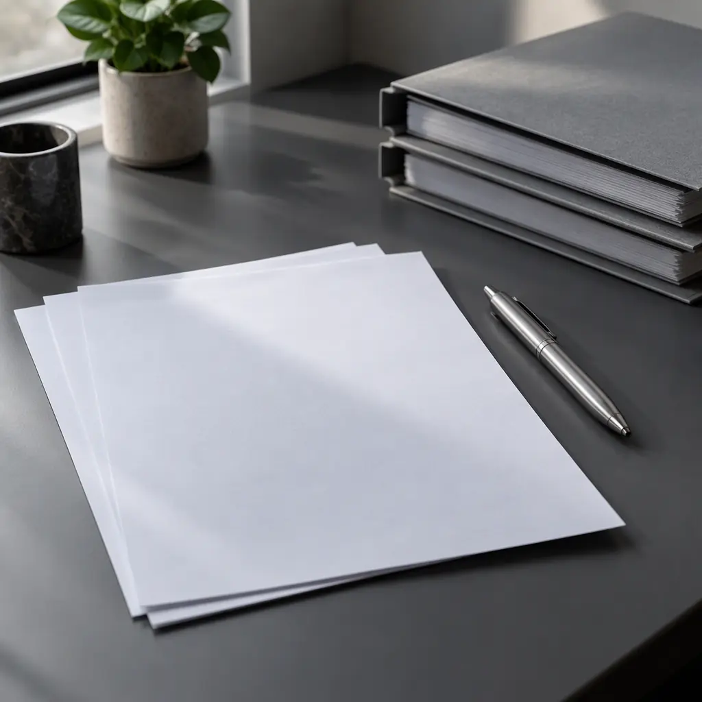 Photorealistic close-up of plain blank invoice pages and a silver pen on a grey desk, no readable text and no people