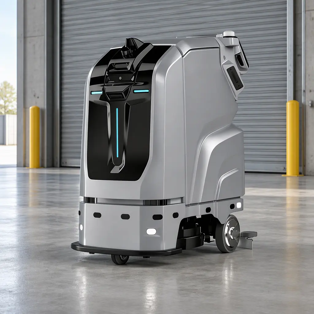 AOMAN C1 floor scrubber standing in an empty warehouse loading bay beside a closed roller door