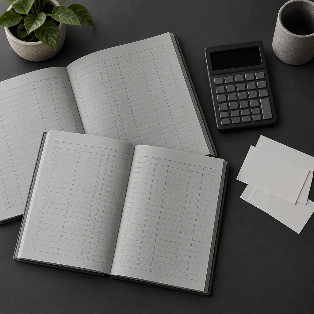 Photorealistic overhead flat-lay of blank grey accounting ledgers and a plain calculator, nothing written