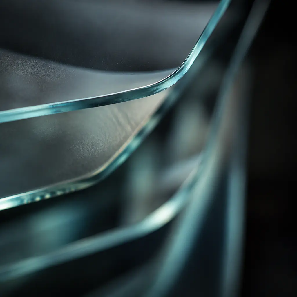 Photorealistic abstract macro of layered translucent glass panes in grey and cyan, no objects identifiable