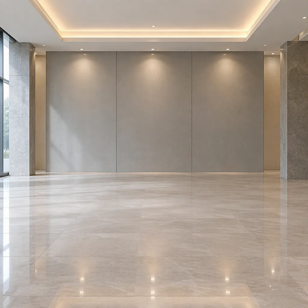 Photorealistic empty modern building lobby with polished floor and blank grey signage frames, no people, no text