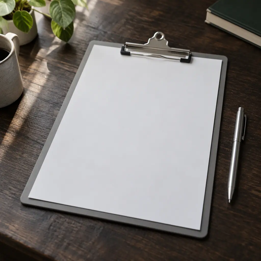 Photorealistic blank grey clipboard resting on a dark desk with a plain pen, no readable text