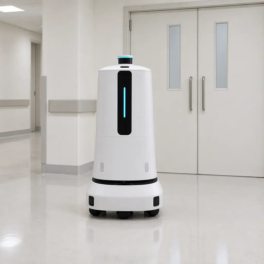 Photorealistic white AOMAN D1 delivery robot parked in a bright empty corridor beside a closed door, blank screen, no people and no text