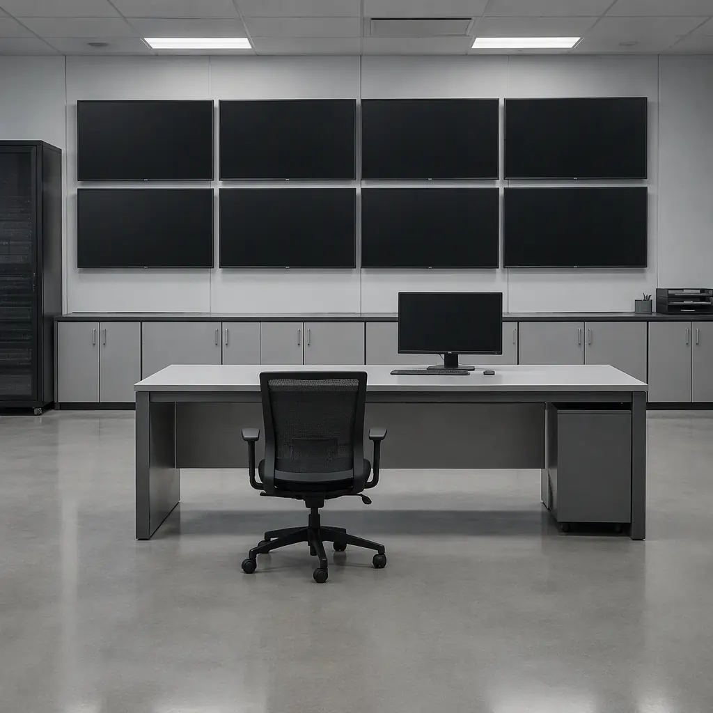 Photorealistic wide photograph of a clean facilities operations control room with blank wall-mounted displays and an empty desk, neutral overhead lighting, grey and white surfaces, no people and no text
