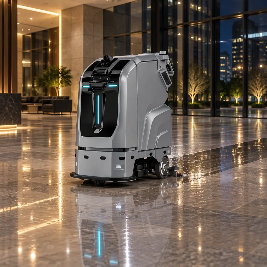Photorealistic wide photograph of a polished stone office lobby at night, glass walls reflecting warm interior lighting, clean empty floor, no people and no text